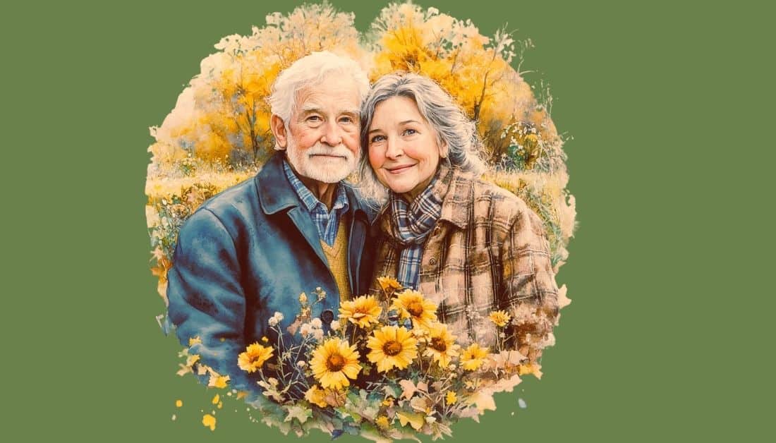 Watercolor picture of a gray haired man and woman standing in a forest. They are cheek to cheek and both are smiling. In the foreground is a bouquet of sunflowers. They are dressed in fall clothes. Used to illustrate the post Bible verses about gray hair.