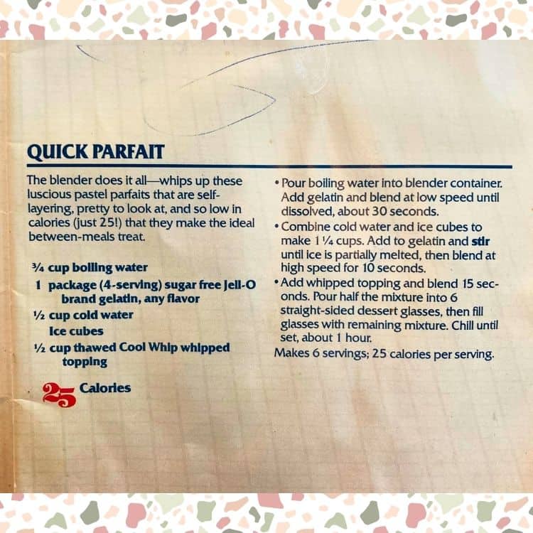 Photo of the directions on how to make a Quick Parfait, from the Simply Delicious Jello Recipes book. Used to illustrate the post Grandparents Day Activities by showing a recipe you could make with the grandkids.