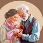 Graphic showing a first-time grandma and grandpa holding a newborn baby girl. The grandma is holding the baby and the granpa has his hands supporting the baby too. They are both smiling and gazing at the baby.
