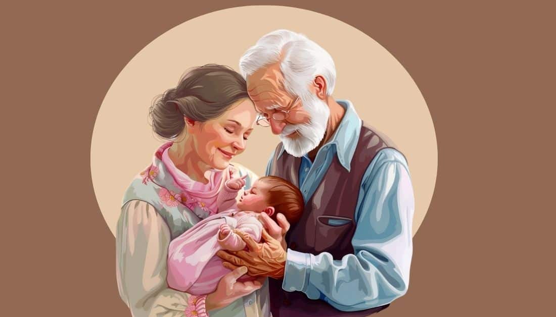 Graphic showing a first-time grandma and grandpa holding a newborn baby girl. The grandma is holding the baby and the granpa has his hands supporting the baby too. They are both smiling and gazing at the baby.