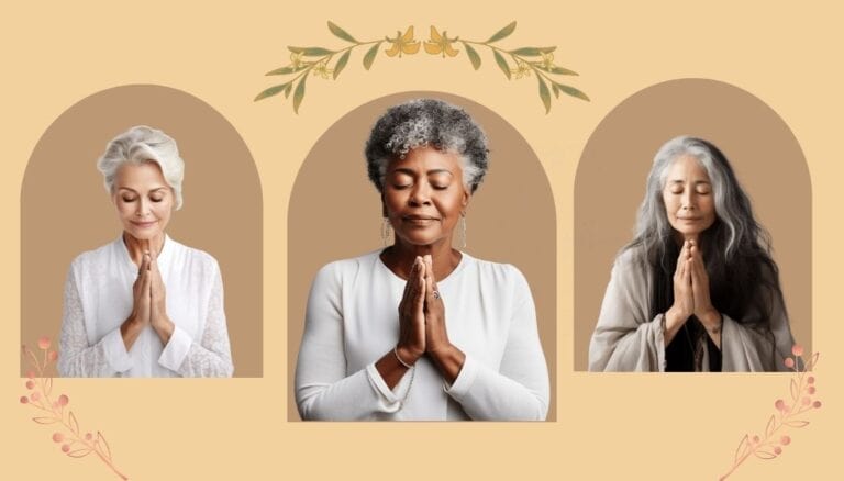 Graphic showing 3 praying grandmothers. In the middle is a black grandma, on the left is a white grandma and on the right in a hispanic grandma. Each woman is centered in an arch with a floral sprig above the middle woman. Used to illustrate the post Monthly Prayer Calendar.