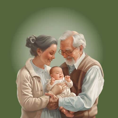Picture of a first-time grandma and grandpa holding a new baby. The grandparents are standing close to each other. Both are smiling a looking at the baby. The baby looks content.