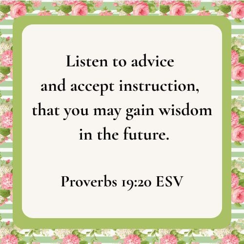 Bible verse from Proverbs 19:20 written on a white background. The background has a green border. All of this is resting on a green striped background with roses. Used to illustrated the post First-Time Grandma.