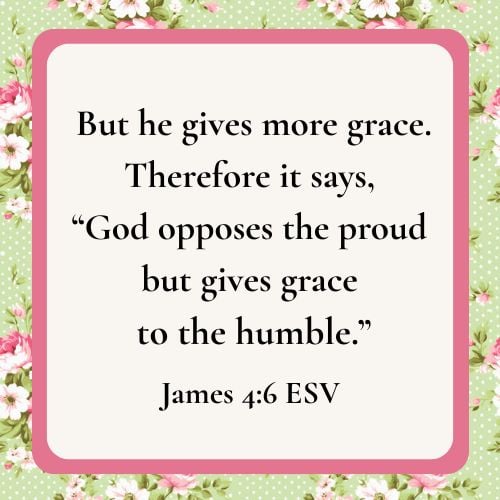 Bible verse from James 4:6 written on a white background. The background has a pink border and all of this is on a floral picture with roses. Used to illustrated the first-time grandma blog post.