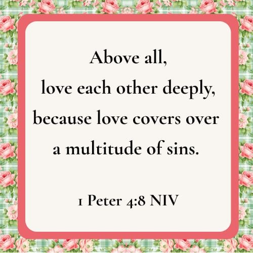 Bible verse 1 Peter 4:8, used to illustrate the post First-Time Grandma. The verse is written on a white background with a pink border. This is all resting on a background of blue and white lines with roses.