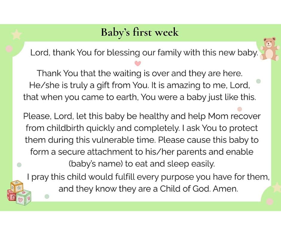 Sample card from the Praying for Newborns collection. This card will link the Praying for Newborns prayer cards to the What does a first-time grandma need? blog post. The card is titled Baby's first week and has a 4 paragraph prayer for a grandma to say. It is on a white background with a teddy bear picture at the top right and a set of baby blocks on the bottom left.