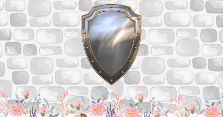 Feature image for the Psalm 91 prayer cards post. It shows a brick wall with a flower border along the bottom. On the wall in a silver metal shield with gold rivets.