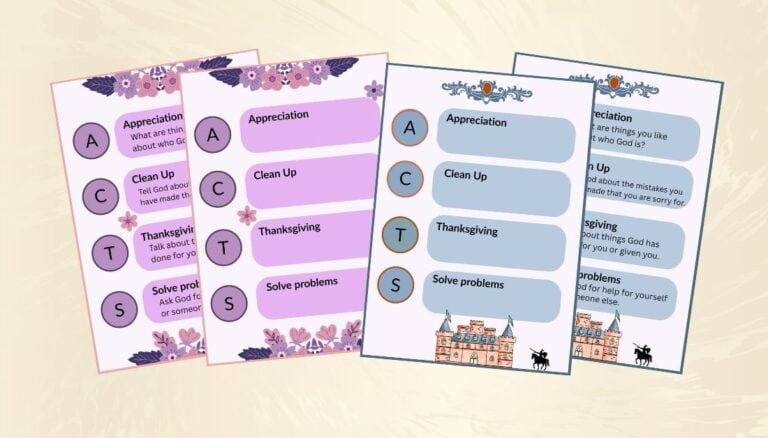 Display of the ACTS prayer methods downloads. There are 2 pink and 2 blue sheets. There is a blank ACTS prayer method and one filled in with examples.