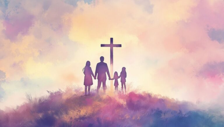 Watercolor image of a mother, father and 2 children standing in front of a cross. They are holding hands. The cross in on a hill and the background is pastel clouds. Used to illustrate the post Grandparent's prayer for the future.