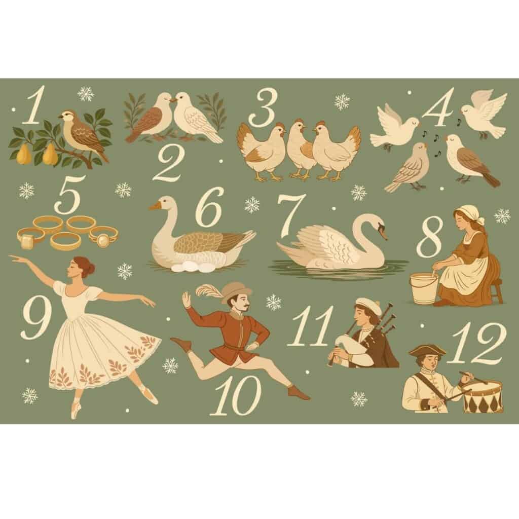 An illustration of all the gifts in The 12 Days of Christmas song. Each gift is numbered. The drawings are soft and in muted colors. Used as a visual for The 12 Days of Christmas Meaning blog post.