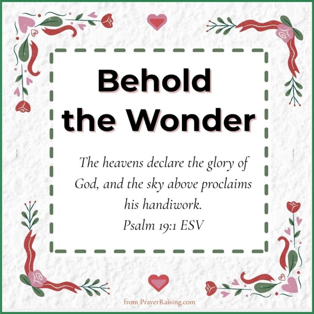 Number 5 of 15 Inspiring Christmas quotes. It says "Behold the Wonder". It is followed by a Bible verse from Psalm 19:1 that says: The heavens declare the glory of God, and the sky above proclaims his handiwork. The writing is in a cream colored box with a dashed line border. Outside of the border are Christmas flowers and hearts.