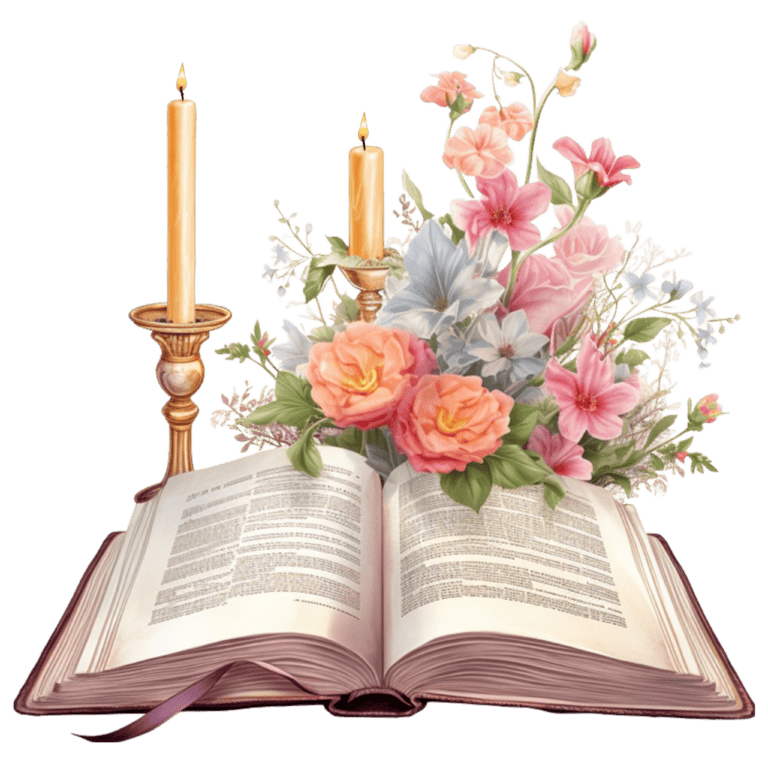 Picture of an open Bible in the center of the page. Behind the book are 2 candles in gold candlesticks. Both are burning. On the right-hand side is a bouquet of delicate flowers. Used to illustrate the post Bible Verses About Prodigal Children.
