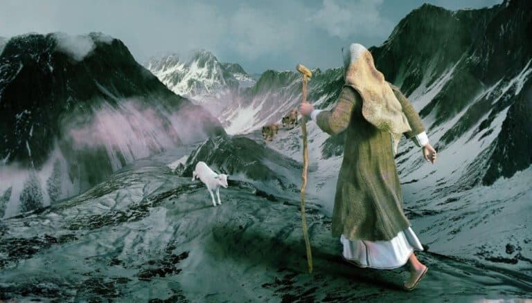 An illustration of Jesus searching for a lost sheep. The drawing is in cool, dark colors that lead to a slightly dangerous feel. There is a small lamb running from 2 wolves. Jesus is walking to the lamb to rescue it. Used to illustrate the blog post Bible Verses About Prodigal Children.