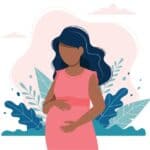 Illustration of a pregnant mother standing with her hands around her belly. The woman has long hair but no facial features. In the background are leave and a cloud. Used to illustrate the post Prayers for Pregnant Mothers.