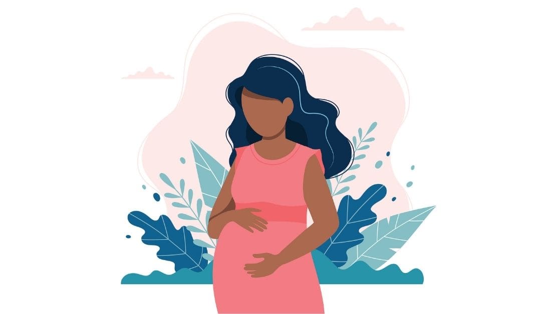 Illustration of a pregnant mother standing with her hands around her belly. The woman has long hair but no facial features. In the background are leave and a cloud. Used to illustrate the post Prayers for Pregnant Mothers.