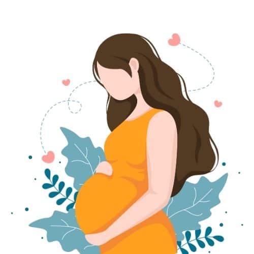 Illustration of a pregnant mother. She is standing and the picture is a side view. She has her hand above and below her pregnant belly. She is facing the right. The drawing does not show any facial features. The background is 3 large leaves and 2 smaller branches with 4 hearts in the top half of the picture. Used to illustrate the post Praying for Pregnant Mothers.