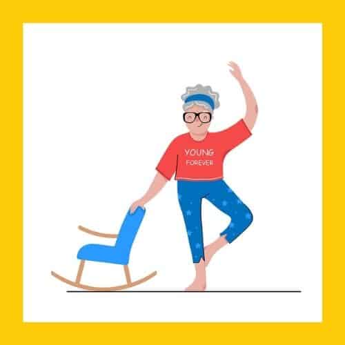 Illustration of a senior woman in workout clothes holding onto a rocking chair while she does a yoga pose. Her tshirt says "Forever Young". Used to illustrate the post Being a Grandma - How Your Identity May Change.