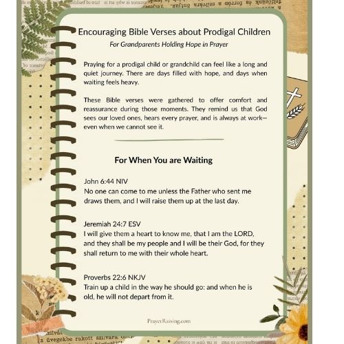 This is the photo on the Free Printables Page showing the download for Bible Verses About Prodigal Children. It is the first page of the download. It has a scrapbook type background with beige scraps of paper forming the border. In the top left corner is a palm, top right corner is a Bible, bottom right corner is a sunflower, and bottom left corner is a pink carnation.