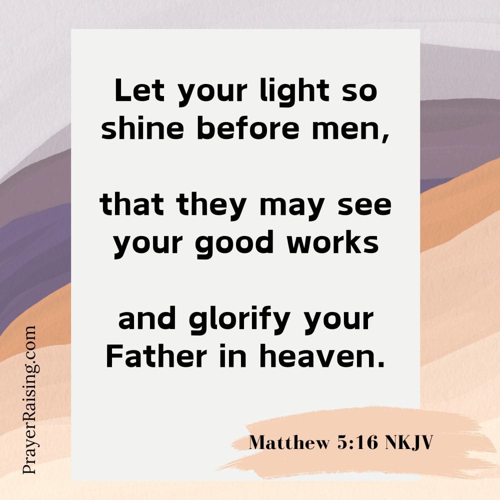 This is graphic 13 of 21 for the post Quotes about leaving a legacy. It is a square graphic that is made up of brushstrokes. It starts and the top with brushstrokes of light purple, then dark purple, a rust stroke, then 3 pink strokes in pink and light pink. The quote is written in black and is on a white rectangle. It says "Let your light so shine before men, that they may see your good works and glorify your Father in heaven." The Bible reference for this quote is listed below the quote and says Matthew 5:16 NKJV. It is aligned right and written in white on a purple background.