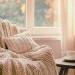 Photo of a comfortable chair by a sunny window. The chair is cozy with a soft blanket draped over it and a small pillow on one side. There is a small table next to the chair that has a coffee cup and 2 books on it. Used to illustrate having a prayer space for the post on Building a Strong Prayer LIfe.