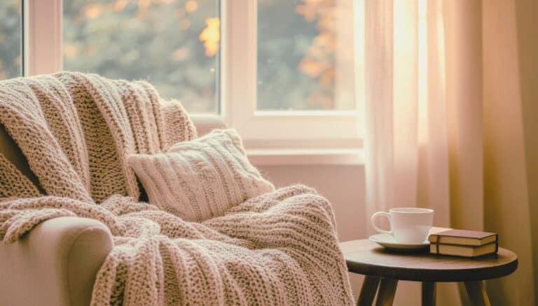 Photo of a comfortable chair by a sunny window. The chair is cozy with a soft blanket draped over it and a small pillow on one side. There is a small table next to the chair that has a coffee cup and 2 books on it. Used to illustrate having a prayer space for the post on Building a Strong Prayer LIfe.