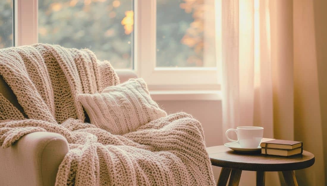 Photo of a comfortable chair by a sunny window. The chair is cozy with a soft blanket draped over it and a small pillow on one side. There is a small table next to the chair that has a coffee cup and 2 books on it. Used to illustrate having a prayer space for the post on Building a Strong Prayer LIfe.