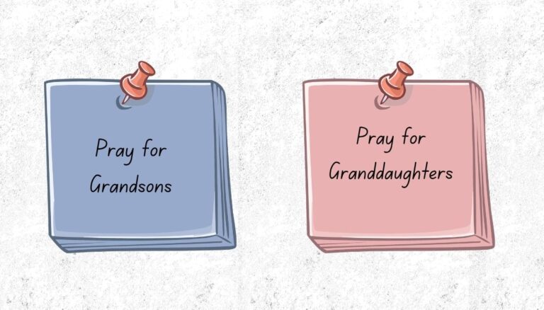 Hand-drawn Post-it notes on a white, textured background. On the right side is a pink sticky note that says "Pray for Granddaughters". On the left side is a blue sticky note that says "Pray for Grandsons". Used to illustrate the post How to Remember to Pray.