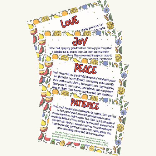 Sample of 4 Fruit of the Spirit prayer cards available to download. Used for prayer card section of the post on How to Remember to Pray.
