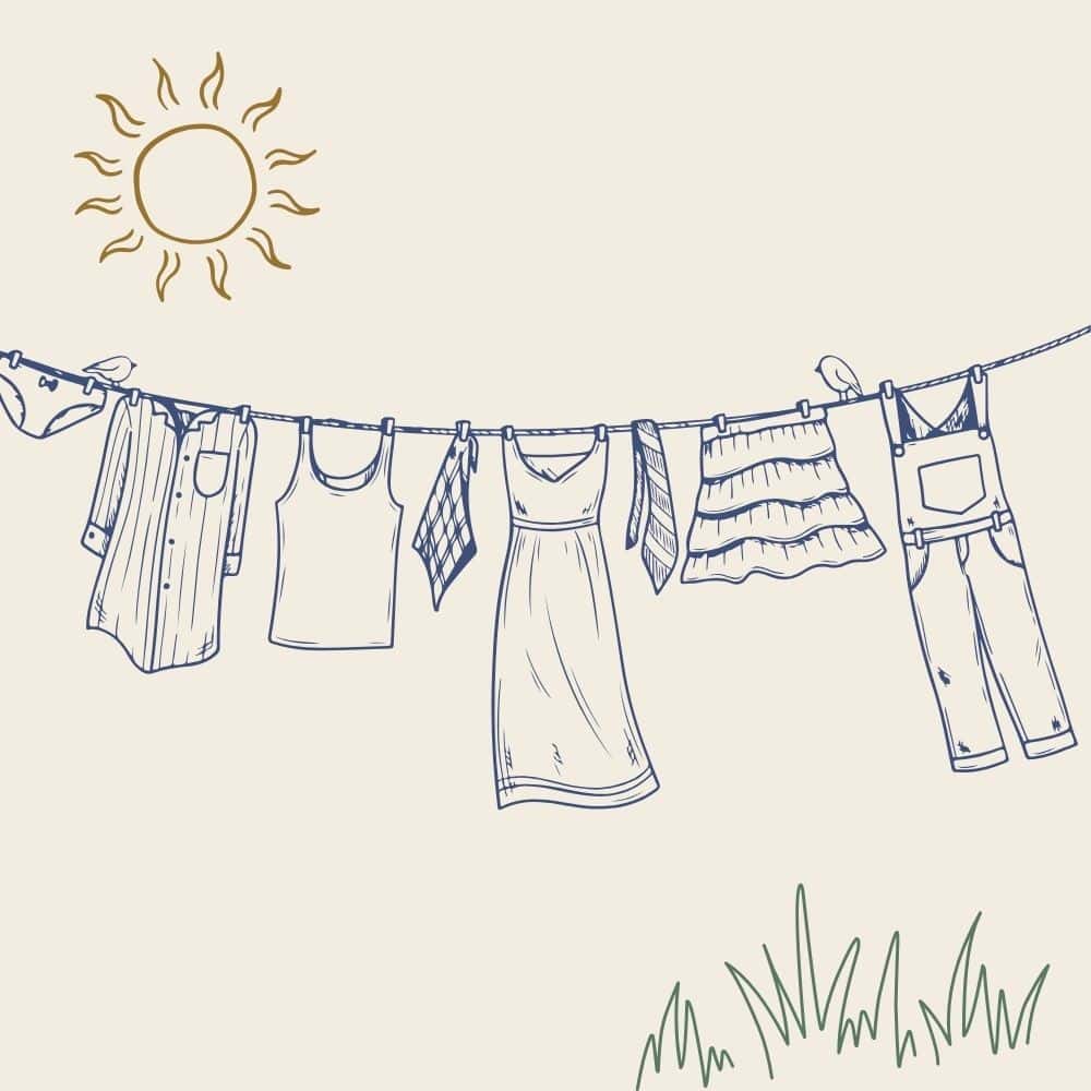 A drawing of clothes hanging on a clothes line. It is a line drawing, with shirts, a dress and overalls on a clothes line. There is a sun in the upper left corner and grass in the lower right corner. Used to illustrate the idea of Habit Stacking to build your prayer life.