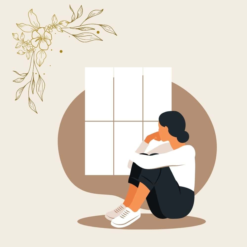 A drawing of a woman sitting and looking out a window. She is in casual clothes and seems to be contemplating something. Used to illustrate the idea of Developing Your Why for reasons to build your prayer life.