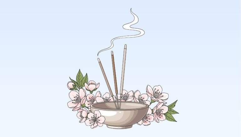 Illustration of a bowl of incense. The bowl is short and holds 3 sticks of incense. Smoke is rising above the sticks. Delicate pink flowers surround the bowl. Used to illustrate a prayer for a grandson rising to Heaven.