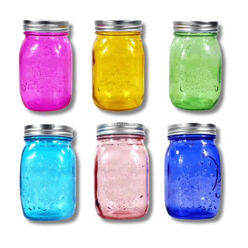 Photo of 6 Mason jars. There are 3 on top and 3 on the bottom, each in a different color. Used as a prayer jar idea for the blog post Prayer for a Grandson.