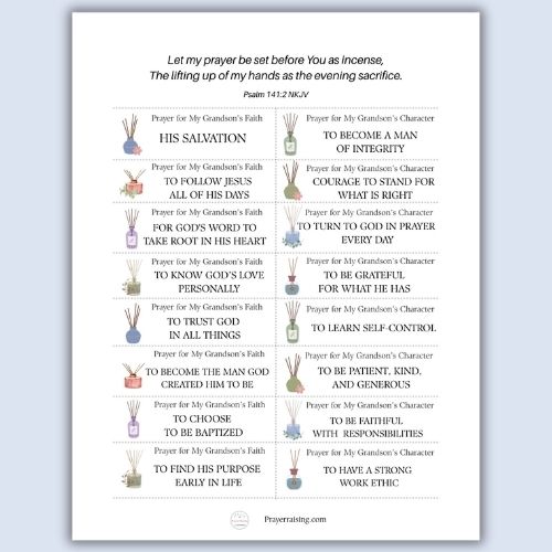 Page 1 of a printable from the post Prayer for a Grandson. It has 2 columns of 8 lines. Each section has a prayer heading and a prayer topic and is illustrated with a prayer jar. For example, one prayer heading is Prayer for My Grandson's Faith, and the prayer topic is To trust God in all things.