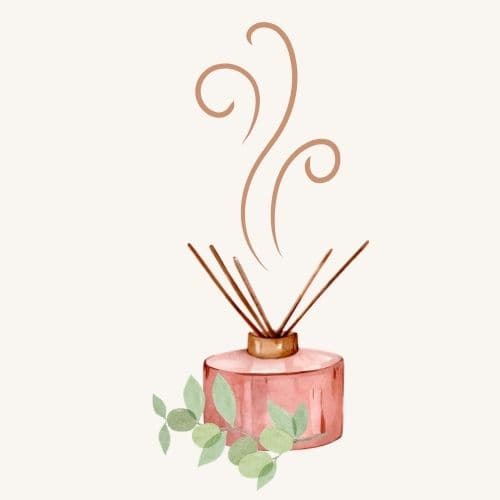 Illustrations of a jar of incense. The jar is short and round. It has 5 sticks of incense in it, and smoke is rising from the jar. There is a sprig of eucalyptus on the left side of the jar. Used to illustrate a prayer for a grandson rising to Heaven.