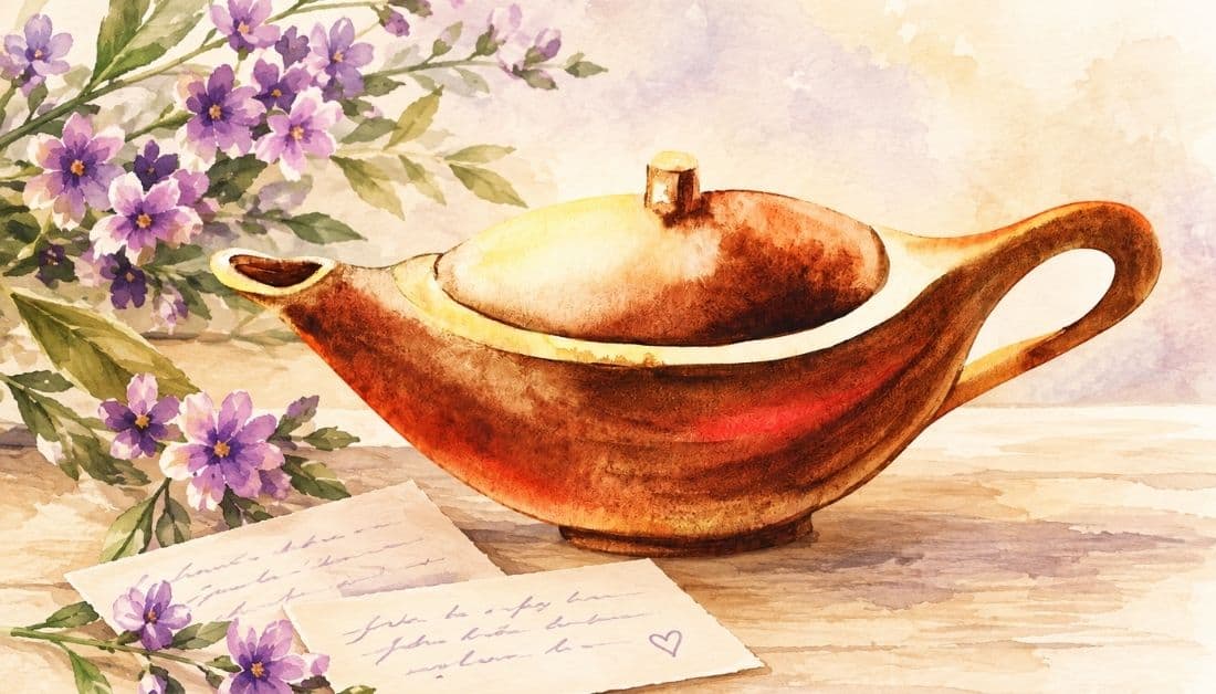 Watercolor image of an ancient clay prayer jar with a lid. The jar is sitting on a table next to some delicate flowers and some prayer slips. Used for the post: Prayer for a Granddaughter.