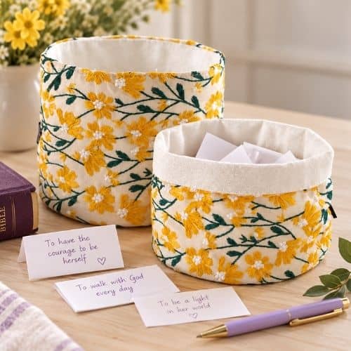 Two cloth baskets with embroidered flowers and leaves on them. One is taller and the other has a cuff. They are sitting on a wooden table, with the corner of a Bible showing. There are also 3 prayer slips and a purple pen. Used to illustrate a prayer jar for the post Prayer for a Granddaughter.