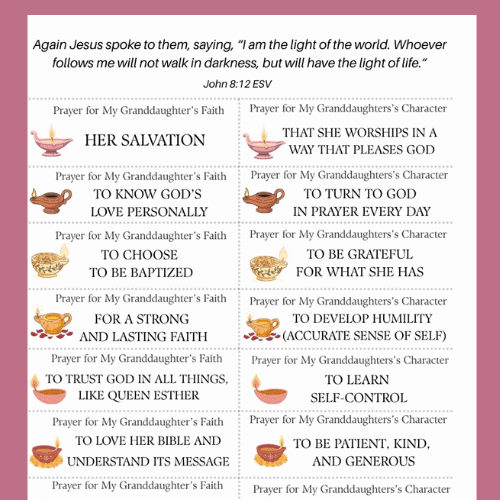 Example of page 1 of the downloadable prayer slips from the post Prayer for a Granddaughter. There are 2 columns of 8 slips each. At the top of the page is a Bible verse from John 8:12 about oil lamps. Each box has a title, such as Prayer for My Granddaughter's Faith, along with a small picture of an oil lamp and a suggestion on what to pray.