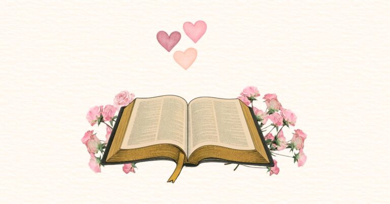 Illustration used as the featured image for the post Bible verses for kids. The image in an open Bible with gold edges and a bookmark on the left-hand side. The Bible is lying on branches of pink roses, which are shown on the left and right sides. Above the Bible is a cluster of 3 hearts.