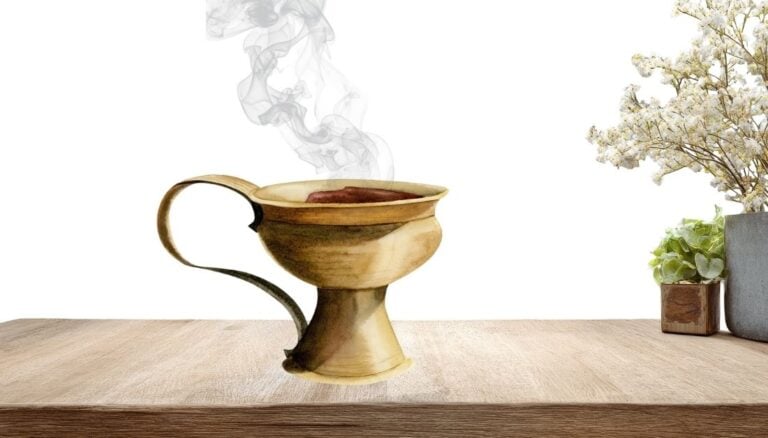 Illustration of an ancient prayer jar made of metal. The bowl is on a stand with a handle, and smoke is rising from the bowl. It is set on a table, with 2 plants on the right hand side of the picture. Used to illustrate the idea that our prayers are like incense for the post Prayer for a Grandson.